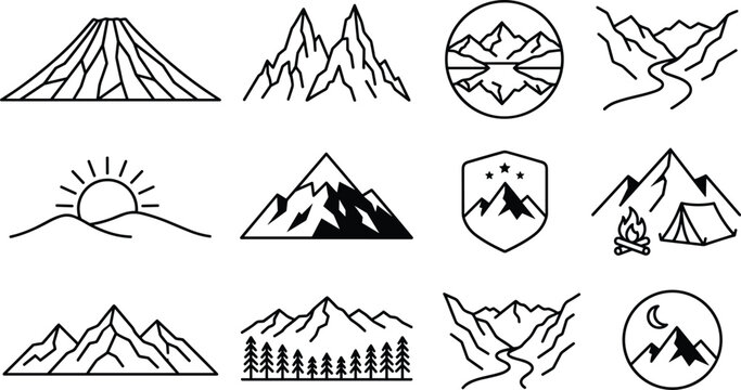 Mountain Peaks and Outdoor Adventure Outline Icon Set Featuring Volcanoes Camping Tents Forest Pines and Wild Nature Landscape Thin Line Graphic Symbols