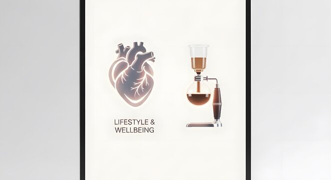 A clean, modern poster featuring a stylized anatomical heart and a syphon coffee brewer with the text 'Lifestyle & Wellbeing'.