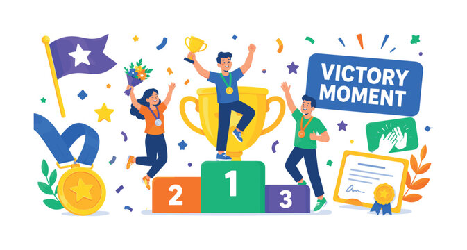 Trophy Victory Ceremony banner scene with three expressive stylized human winners celebrating around an oversized trophy and giant podium, confetti cluster reaching top edge, medal ribbon touching