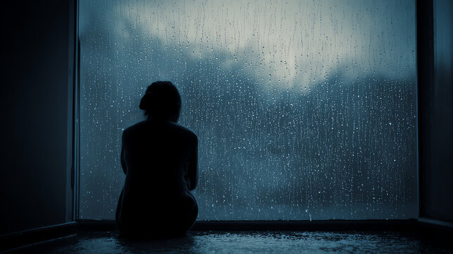 A solitary figure sits by the window, gazing thoughtfully as rain falls outside, evoking feelings of introspection and melancholy.