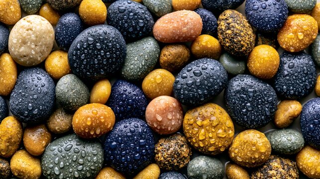 Colorful wet pebbles with dew drops