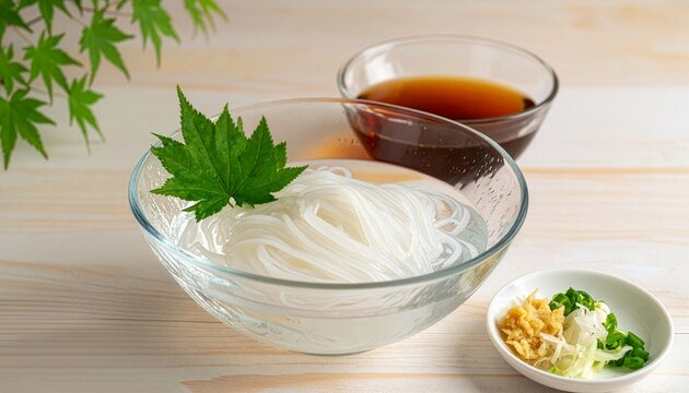 ガラス鉢に盛り付けた冷やしそうめんと出しつゆ