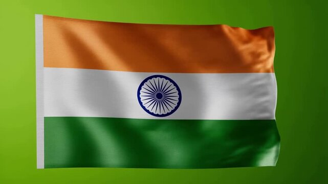 Waving National Flag of India on Green Screen Background.