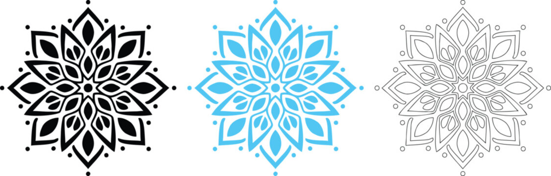 Mandala flower icon. Ornamental floral pattern symbol. Simple pictogram for henna design, yoga meditation, ethnic decoration, tattoo art and boho style design.