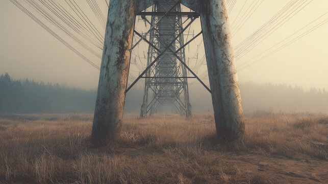 A towering power line structure in a serene landscape, surrounded by fog and fields, represents the intersection of nature and technology.