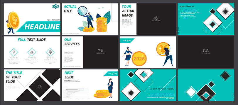 Template, business presentations, green design, elements on a white background. Businessman with finances for 2026. Use in flyers, PowerPoint, infographics, annual report. Vector illustration
