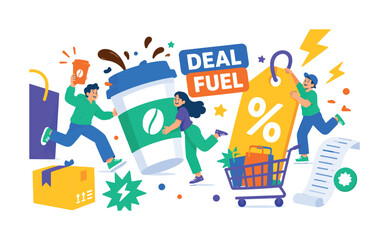 Fototapeta premium Caffeine Discount Energy banner scene with three expressive stylized human shoppers fueled by an oversized coffee cup and giant discount tag, shopping bag reaching side edge, deal lightning touching