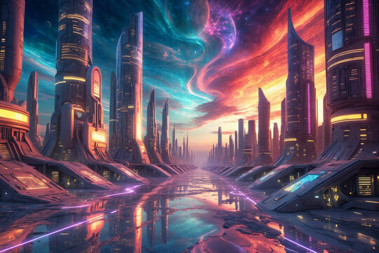 Futurism science fiction urban cityscape, cyber city town panorama building future AI Generative
