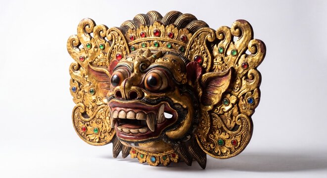 A highly ornate Balinese Barong mask featuring intricate gold leaf carvings and vibrant gemstones.