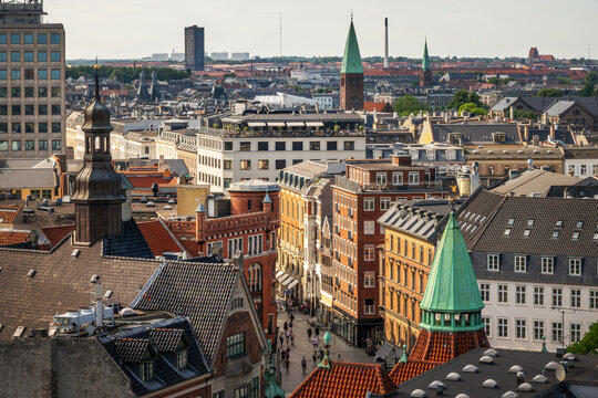 City view from the observation platform of The Round Tower (Rundetaarn) with Frederiksborggade street  in Copenhagen, Denmark