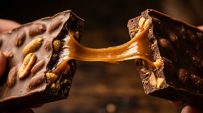 Breaking peanut chocolate bar with stretchy caramel center chocolate stretchy