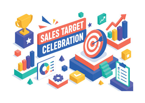 Sales Target Celebration , oversized sales target with bold geometric depth, stacked office platforms, floating trophy blocks and diagonal revenue charts, coral and electric blue with warm yellow