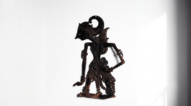 A traditional Javanese wayang kulit shadow puppet silhouette standing against a plain white wall.