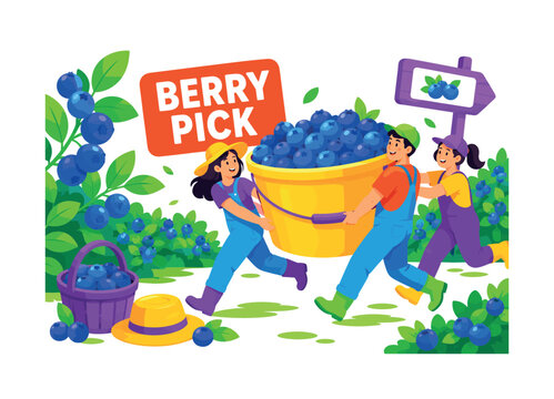 Blueberry U Pick Buckets banner, 3 expressive stylized berry pickers carrying one oversized bucket overflowing with blueberries in a u-pick field, berry branch near left edge, farm sign near top edge,