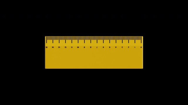 3D animation of yellow ruler measuring with green line graphics and spinning. 4K and transparent looping animation. Perfect for back to school and math education to enhance stationery.