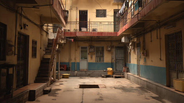 An abandoned courtyard showcasing weathered walls, staircases, and empty spaces, highlighting urban decay and historical charm.