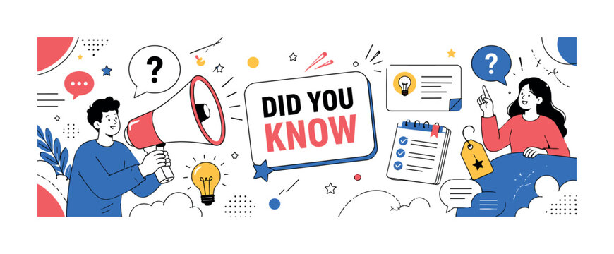 Did You Know Promo clean editorial banner scene, 2 geometric characters max with hand holding oversized megaphone and question speech bubble, plus supporting details including fact card, idea bulb,