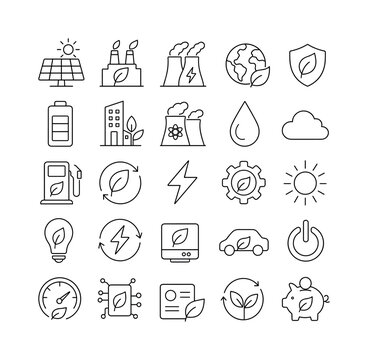 Energy Efficiency Green line icon set, 25 clean outline icons showing solar panel, green energy plant, power plant, planet care, protection shield, battery, eco building, nuclear plant, oil drop,