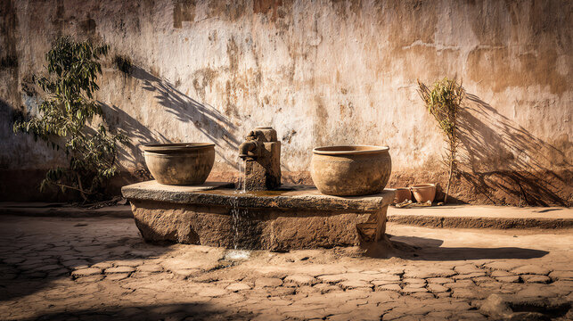 An ancient stone fountain surrounded by rustic walls and clay pots, capturing a serene and historical atmosphere.