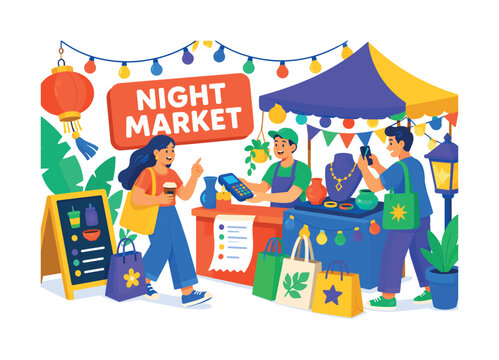 Night Market August banner scene with 3 expressive shoppers and vendors under oversized string lights and large vendor tent, one pays with card reader while another carries shopping bag and another