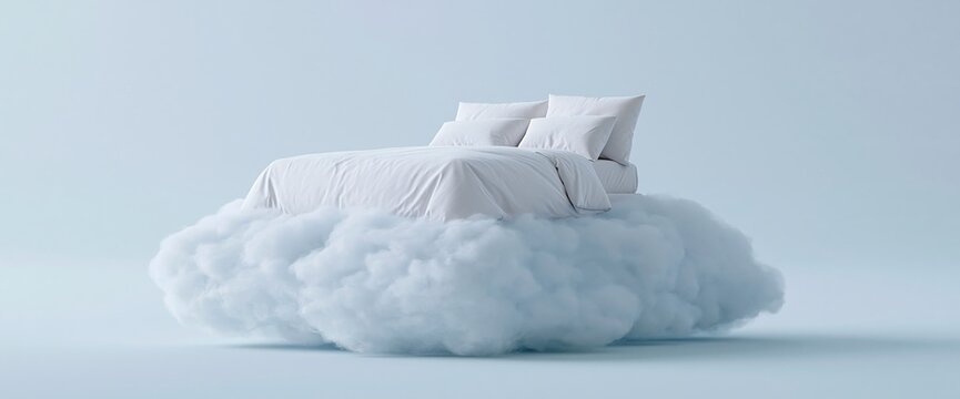 White bed floating on soft cloud