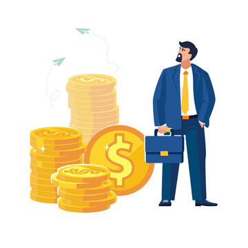 Banker businessman analyzes money income, dollar coins, histogram, gold pennies, cents, growth up. Business finance, people, economic growth, investment, investor, bank, poster, vector illustration
