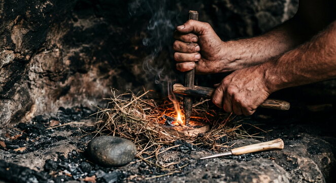 Close-up of hands drilling a fire spindle into a nest of tinder and ash inside a dark cave shelter, with a pebble hammer, bone awl, and thin smoke curling upward; warm flicker, rough stone texture