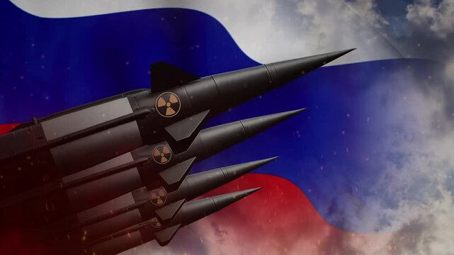 Nuclear missiles launch in motion against the Russian flag animation