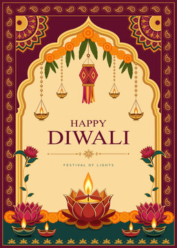 Happy Diwali greeting card with lotus oil lamp, floral garland, hanging lanterns, traditional arch frame, decorative border, marigold flowers, and elegant festive vector illustration