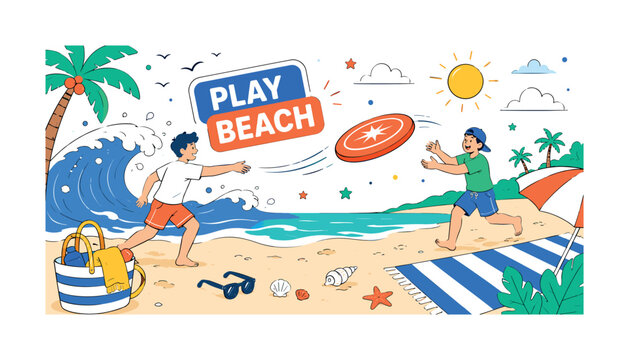 Beach Frisbee Game. Editorial banner scene with two friends throwing and catching an oversized flying disc across sandy beach space, giant wave curve and sun towel reaching edges, beach bag,