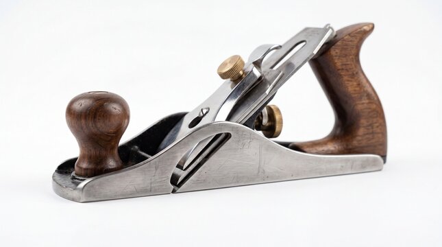 A classic metal bench plane with wooden handles for woodworking tasks on a plain white background.
