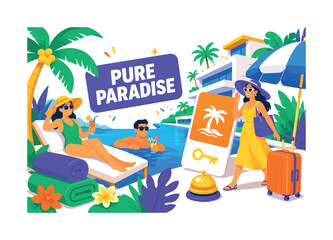 Fototapeta premium Luxury Resort Paradise banner scene with three expressive stylized human guests relaxing around an oversized infinity pool and giant suite key card, spa towel touching bottom edge, tropical palm
