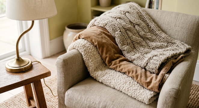 Close-up interior styling photo of layered fabric trends draped over a linen chair: boucle, washed velvet, chunky knit, and slubby linen, with wooden texture, a brass lamp base, and soft diffuse