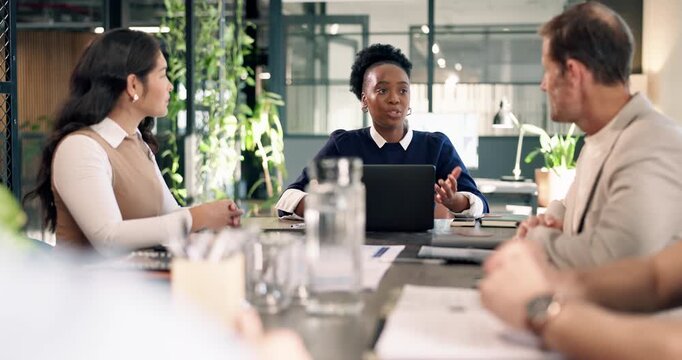 Sustainable, manager or people in meeting with laptop, esg growth pitch or discussion on green operations. Feedback, team or csr lead with tech, conservation proposal or ethical strategy in agency.