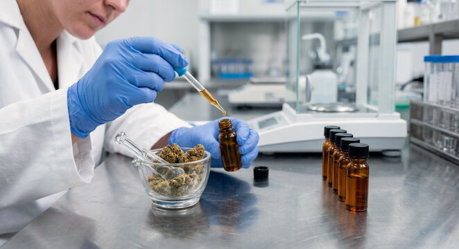 Lab technician sampling terpene aroma from dried cannabis buds with amber vials, a pipette, mortar and gloves on a clean stainless bench. Clinical lighting, shallow depth of field and earthy