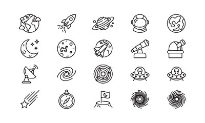 Minimalist Space Exploration Line Art Icon Set Featuring Rockets Planets And Satellites. © Shohan