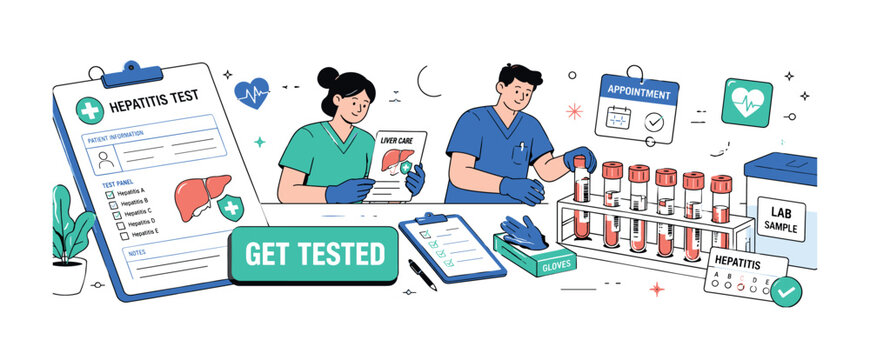 Hepatitis Test Clinic Desk ? clean editorial banner scene with 2 geometric clinic staff arranging hepatitis testing materials on a medical desk, one oversized medical form stretching from left edge