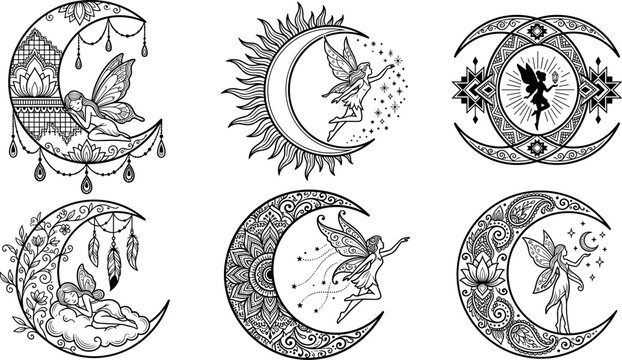 Mystical Fairy and Crescent Moon Tattoo Design Set with Intricate Mandala Patterns Floral Ornaments and Stars in Line Art Vector Graphic Style