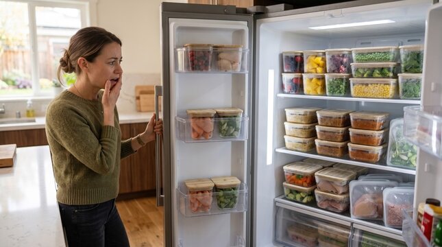 kitchen organization concept, a surprised woman looking at her refrigerator neatly stocked with various organized meal containers.