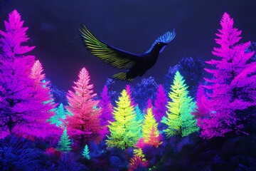 Obraz premium Giant bird soars above vibrant forest filled with colorful trees and magical atmosphere in daytime