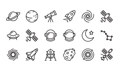 Minimalist Space Exploration Line Art Icon Set Featuring Rockets Planets And Satellites. © Shohan
