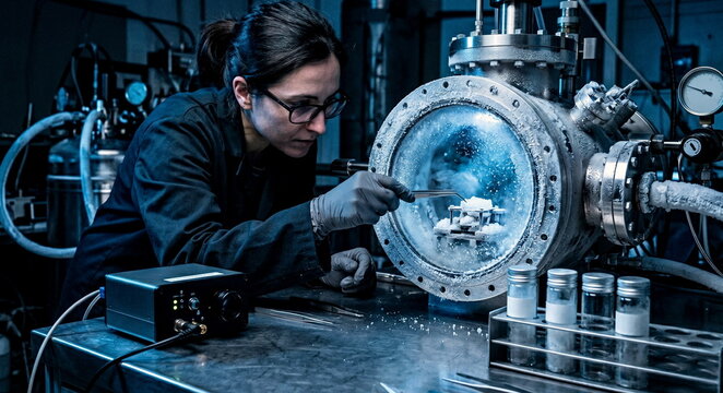 Planetary chemist in a dark lab examines a frosted vacuum chamber containing ice grains and condensed gases, with a small infrared spectrometer, metal tweezers, and sealed vials arranged on the