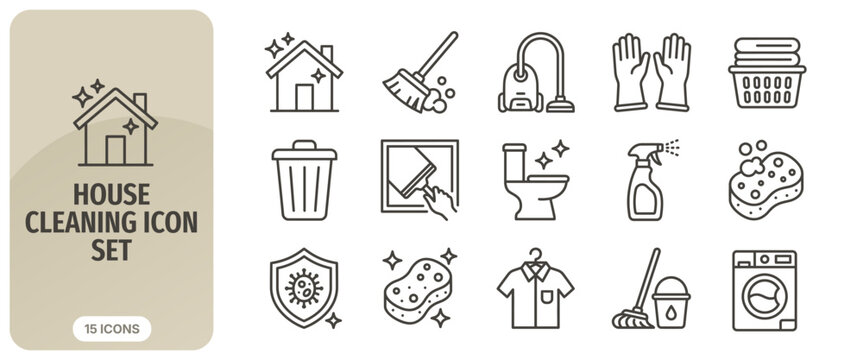 House cleaning icon set, thin line style, vector illustration collection of household chores, cleaning supplies, and equipment icons for home maintenance services, housekeeping, and hygiene