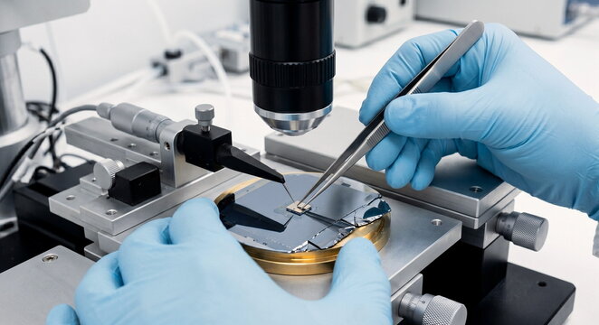 Cleanroom materials science scene with gloved hands positioning a tiny 2D-material chip under a probe station, alongside tweezers, silicon wafer pieces, and a microscope lens; stark white lighting