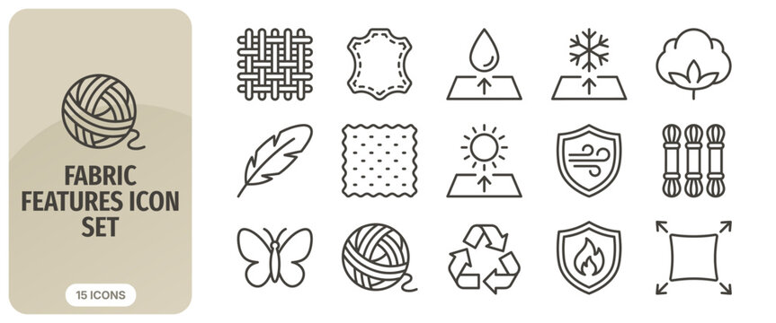 Fabric features icon set, textile properties, clothing material characteristics, vector line icons