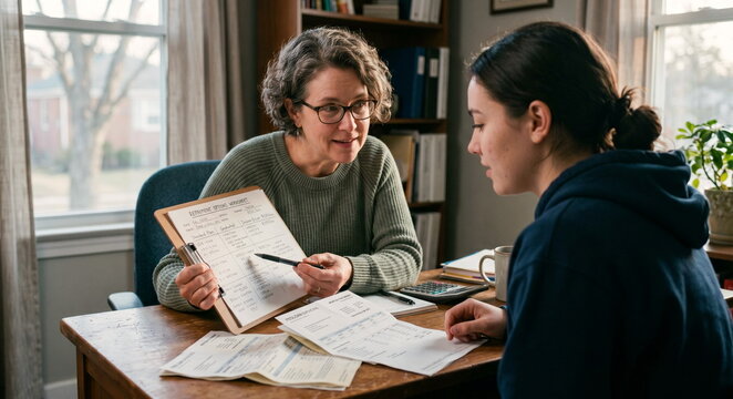 Nonprofit financial counselor helping a graduate with student loans organize repayment options, using a clipboard, pen, and folded bank statements on a small desk; muted office interior, empathetic