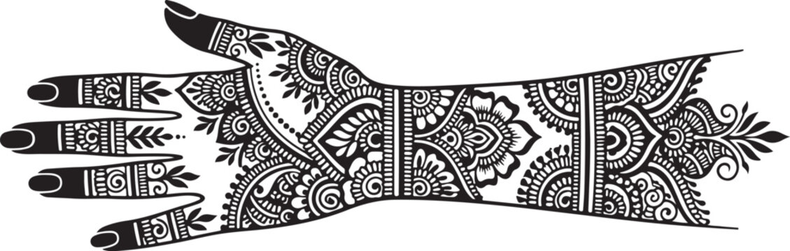 Black and white of a human hand adorned with intricate henna mehndi tattoo patterns on a white background