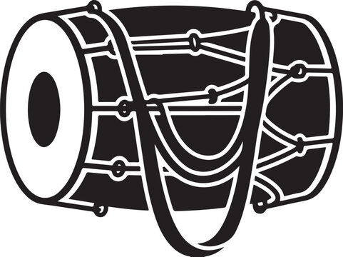 Black and white of a dholak drum with a detailed strap system for carrying and tensioning the drum heads