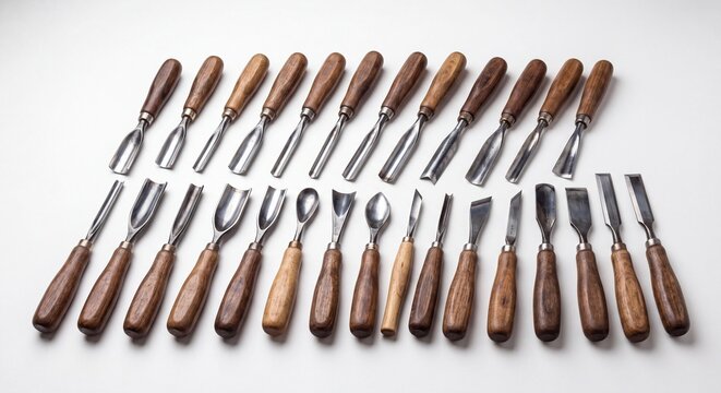 A comprehensive collection of various wood carving chisels and gouges with wooden handles arranged.