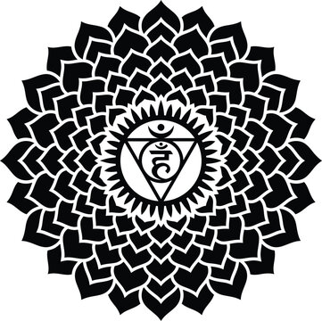 Black silhouette of a Sahasrara chakra mandala with Sanskrit symbols and triangle crown chakra spiritual